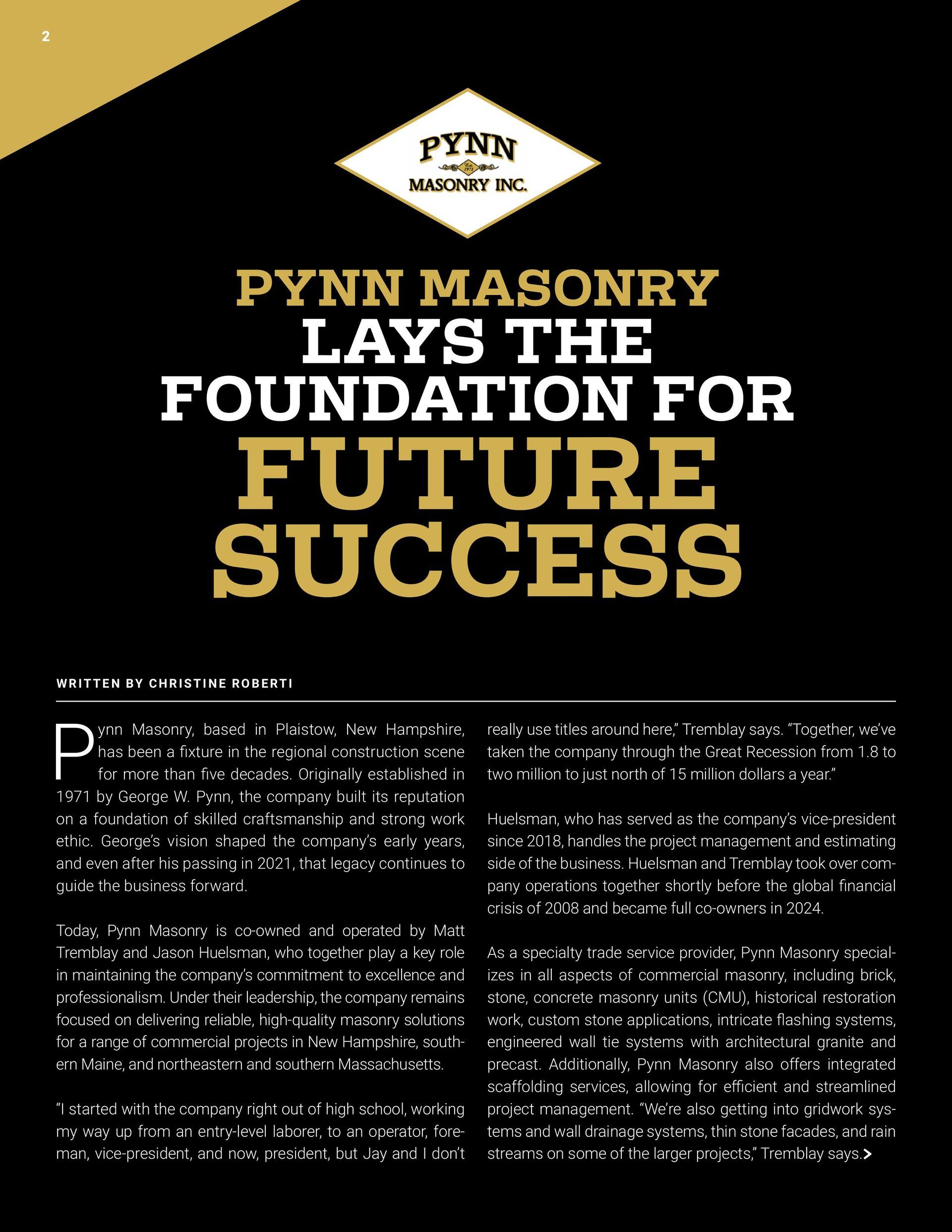 Advertisement for Pynn Masonry: black background, white and gold text, diamond logo, stating they 