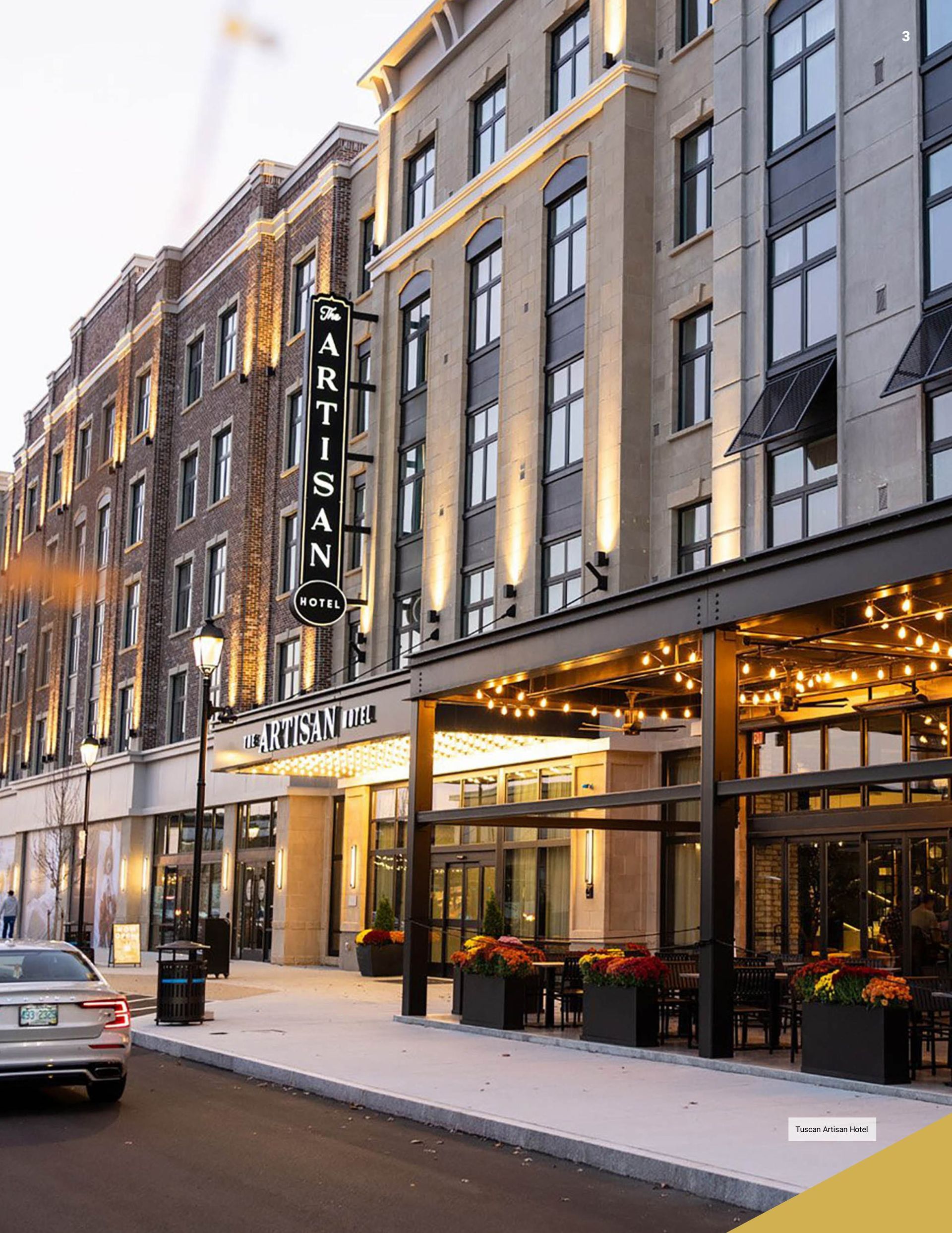 Hotel entrance with illuminated sign 