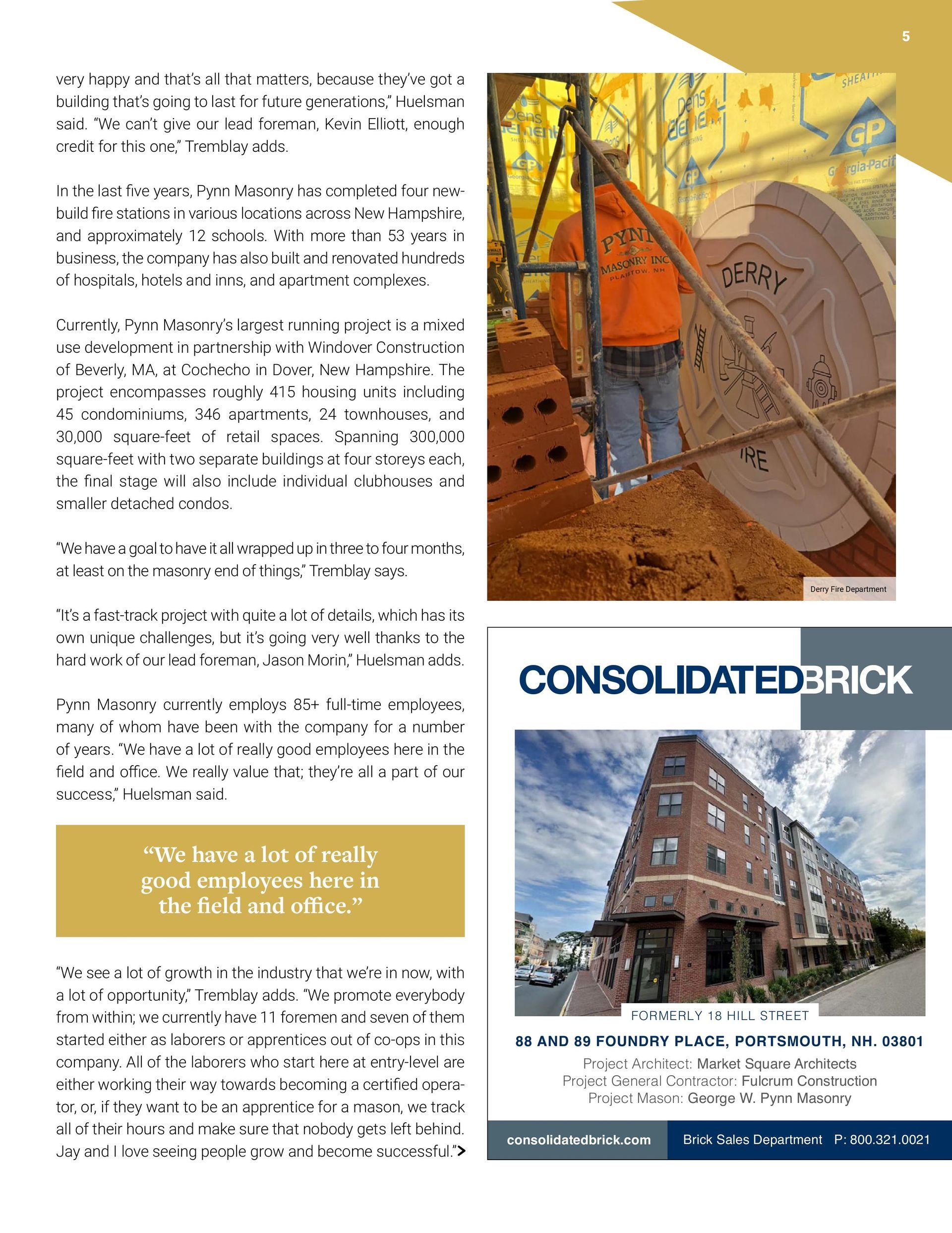 Construction worker laying bricks with a circular structure, Consolidated Brick logo, and a finished brick building.