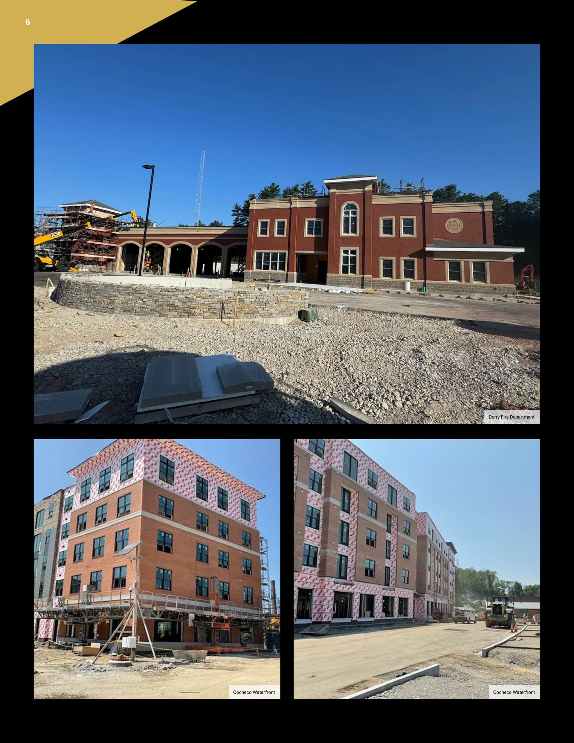 Construction site with red brick buildings and cleared ground under blue sky.