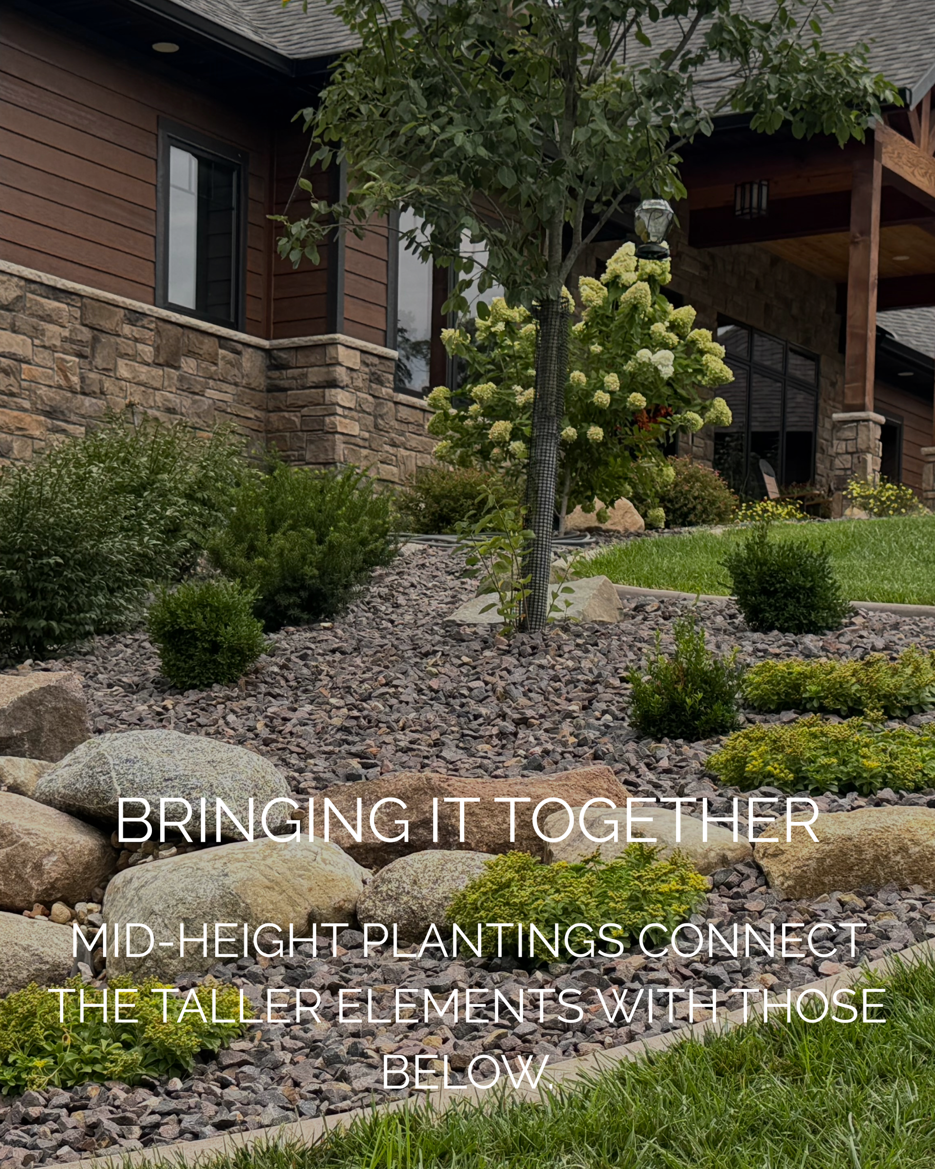 Layered landscape design with ornamental tree, hydrangeas, low-growing shrubs, and natural boulders near Farmington, Iowa, in Van Buren County.