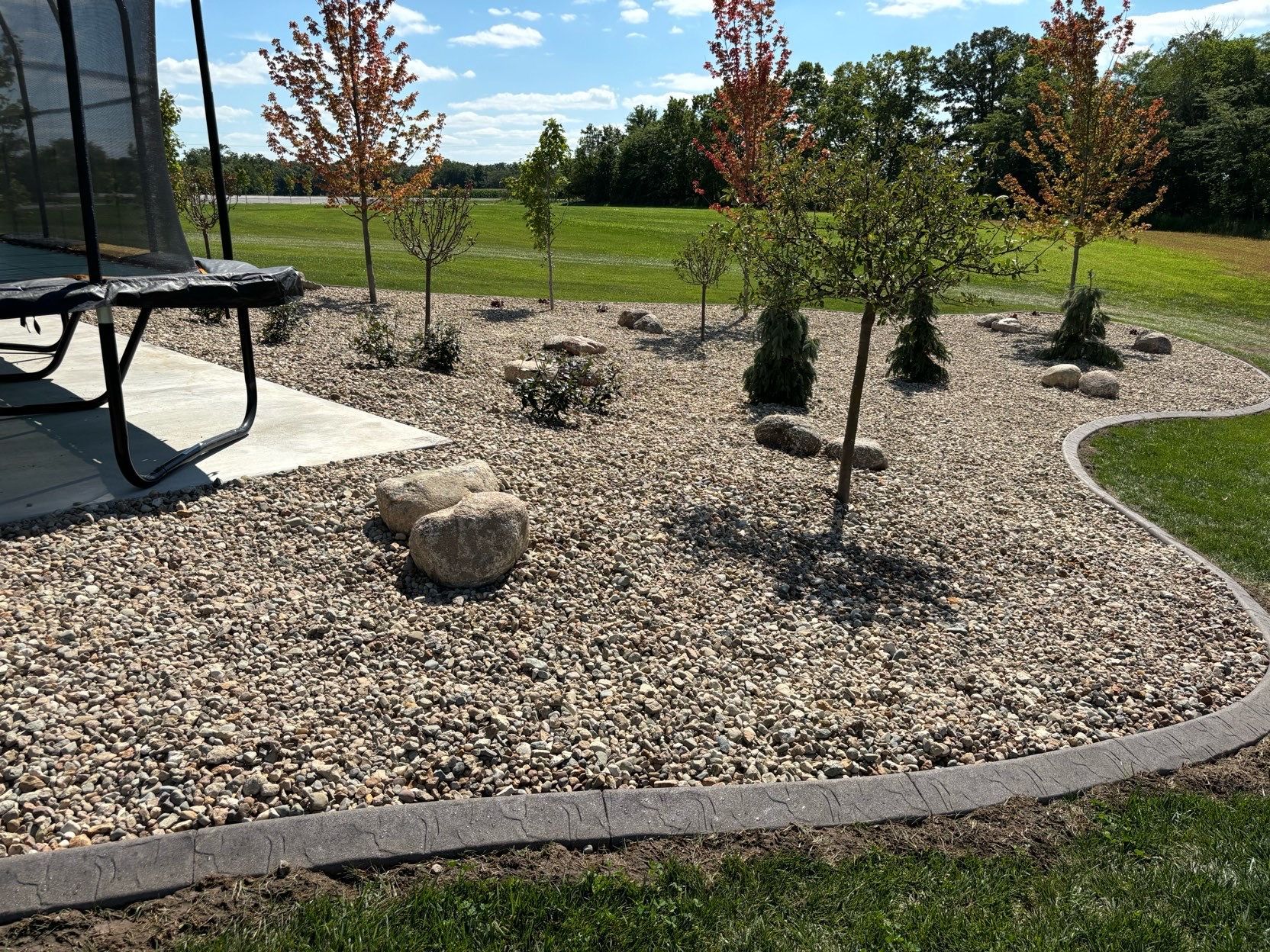 Landscaped yard with rocks, small shrubs, and a trampoline beside a concrete patio under a sunny sky