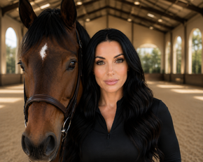 Person leading a horse and dog down a stable aisle