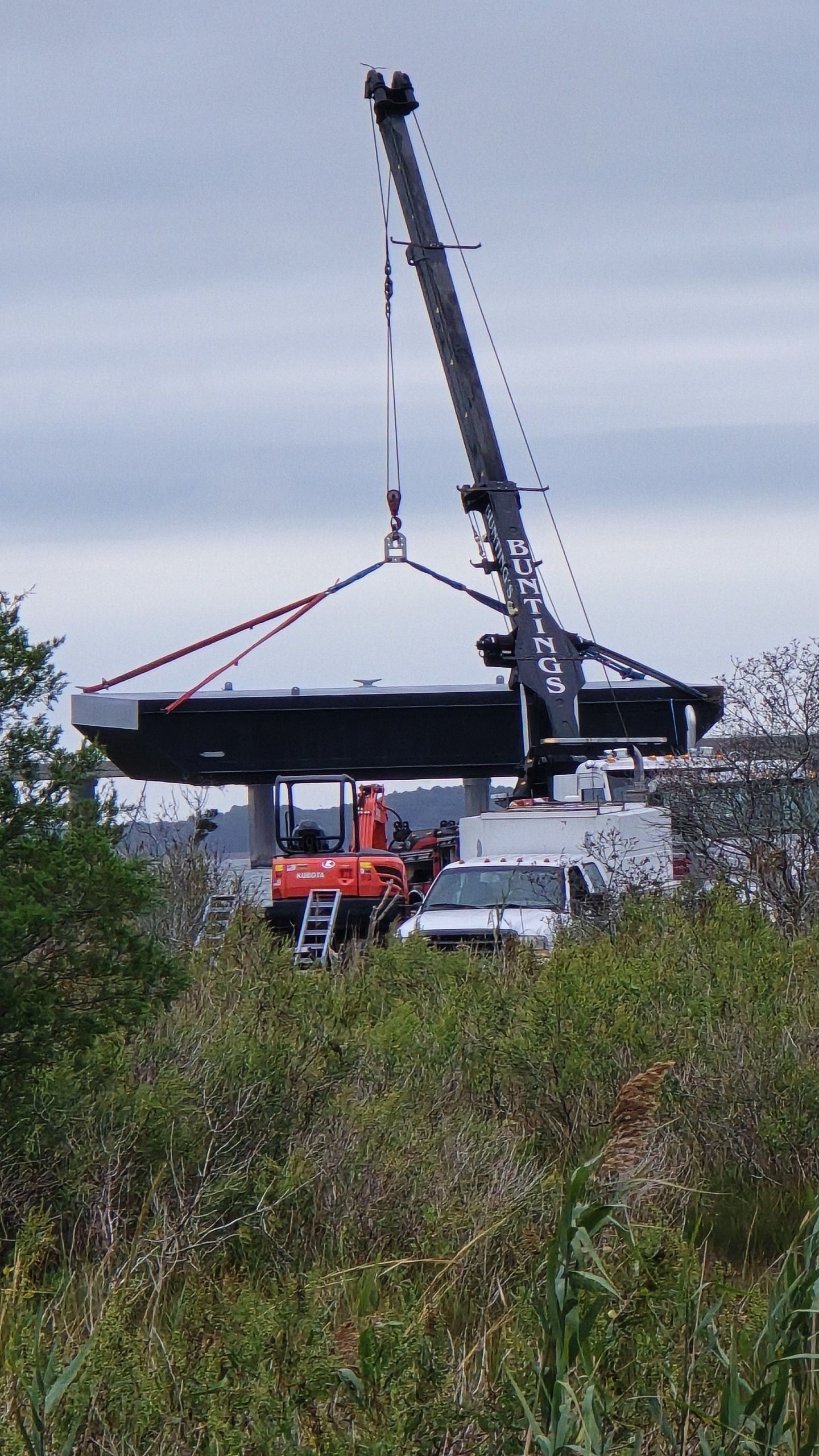 Crane lifting a large, dark rectangular structure near vegetation, with vehicles and cloudy sky in the background.