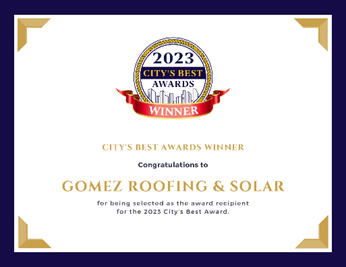 A city's best awards winner certificate for Gomez Roofing & Solar