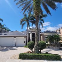 A large house with a lot of palm trees in front of it.