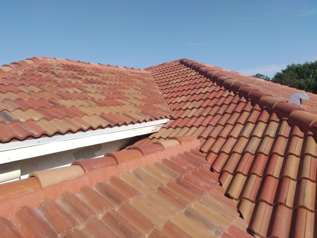 An aerial view of a roof with trees in the background.