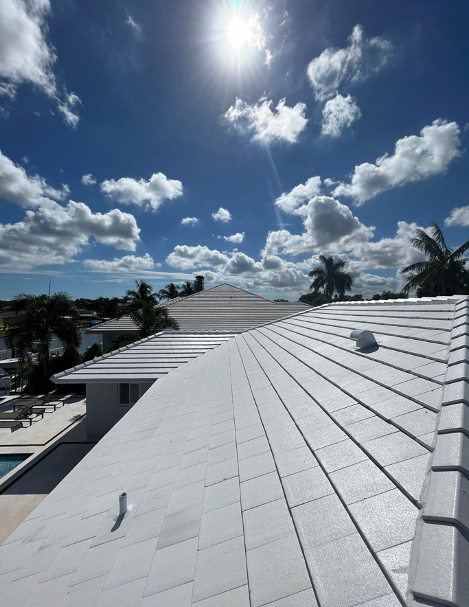 A white roof with a blue sky in the background