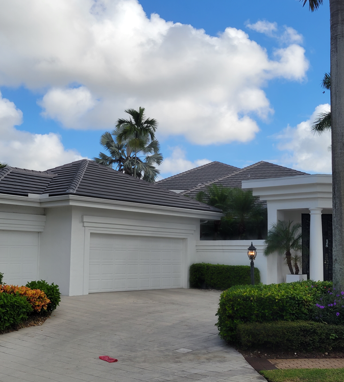 A white house with a palm tree in front of it