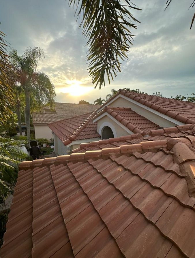 A roof of a house with a sunset in the background.