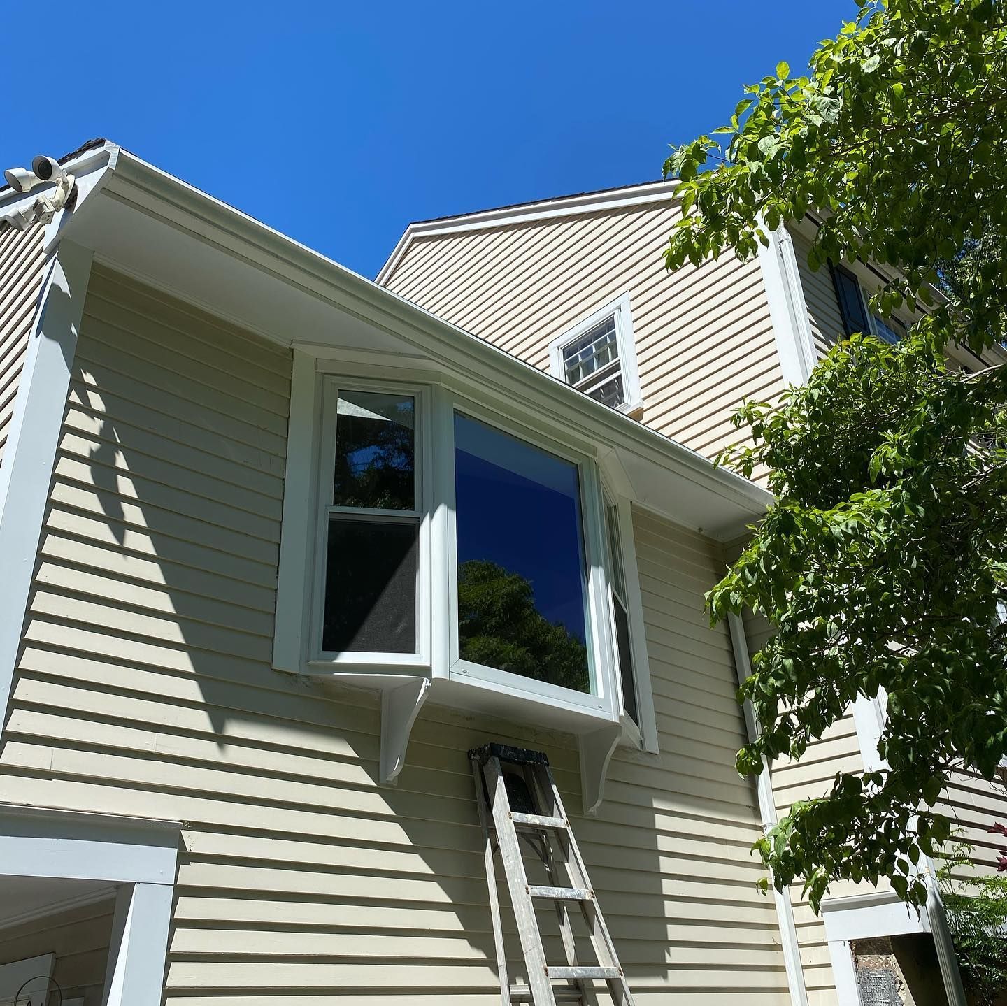 A ladder leans against a light-colored house exterior, positioned under a multi-pane bay window against a blue sky.