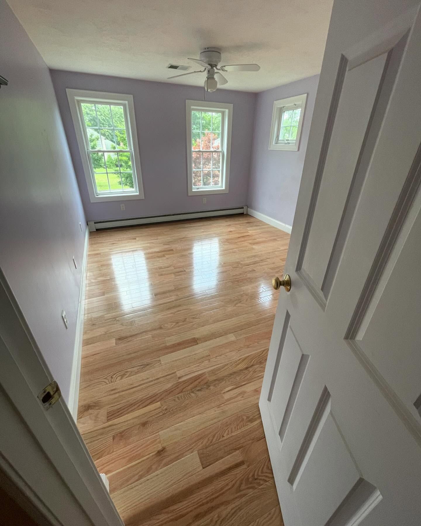 An empty room with light purple walls, hardwood floors, a ceiling fan, and two windows overlooking greenery.
