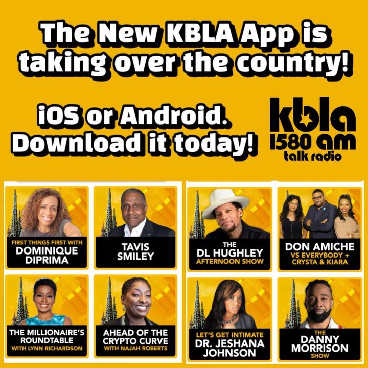 An orange KBLA 1580 am talk radio flyer listing eight radio personalities and promoting their station's app