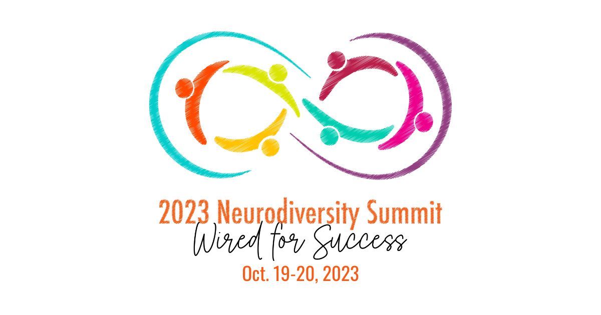 The 2023 Neurodiversity Summit: Wired for Success logo is a colorful double infinity with the inner loops in vibrantly colored people shapes representing differences and inclusivity