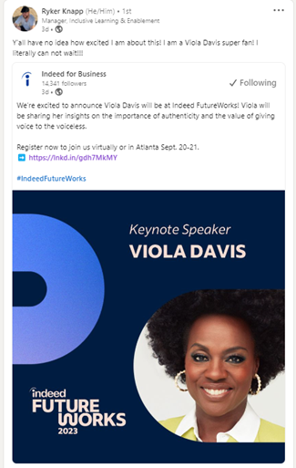 A screen grab of Ryker Knapp's post sharing LinkedIn's FutureWorks event announcement featuring Viola Davis