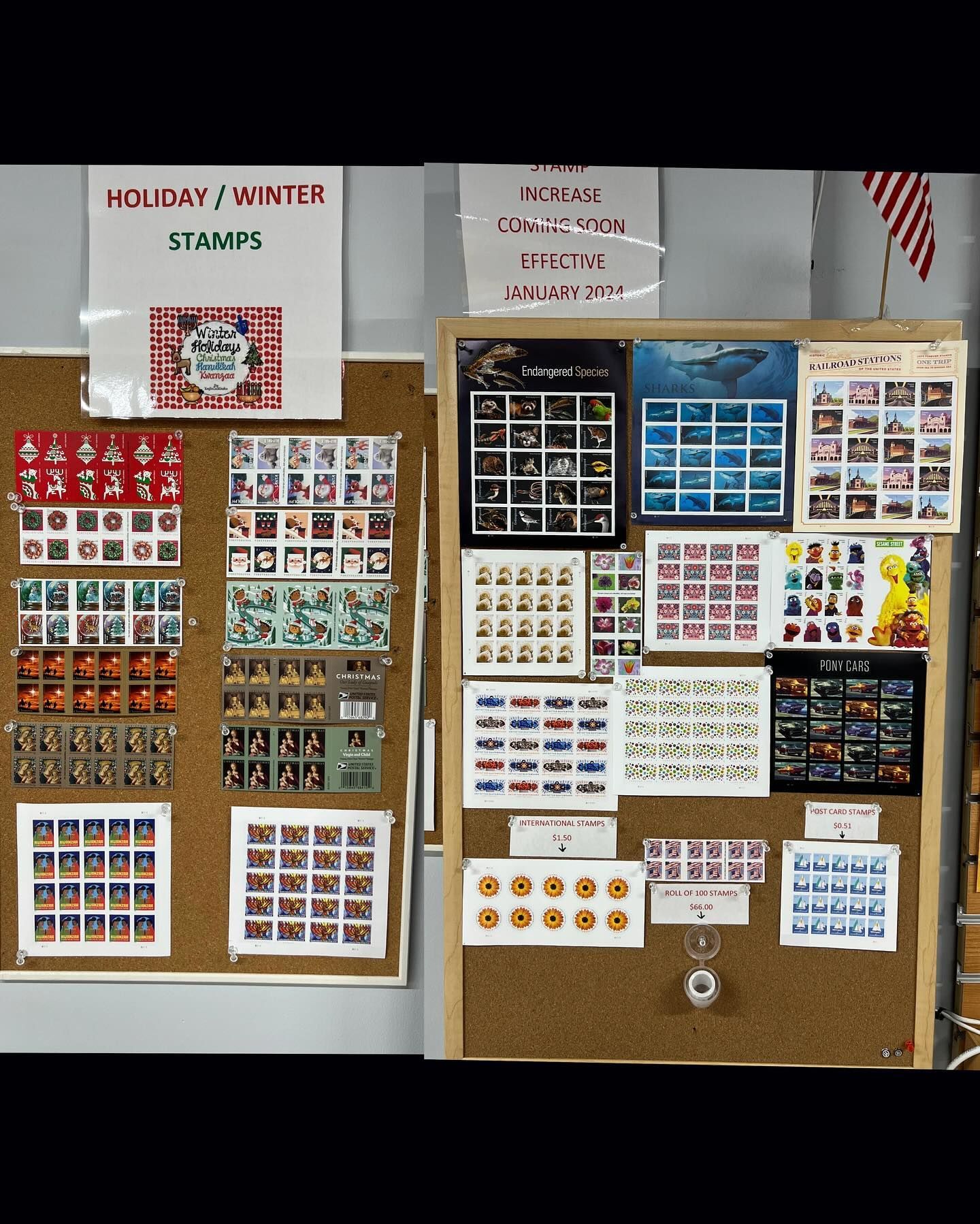 Two corkboards displaying collections of various postage stamp sheets, including holiday-themed and illustrative designs.