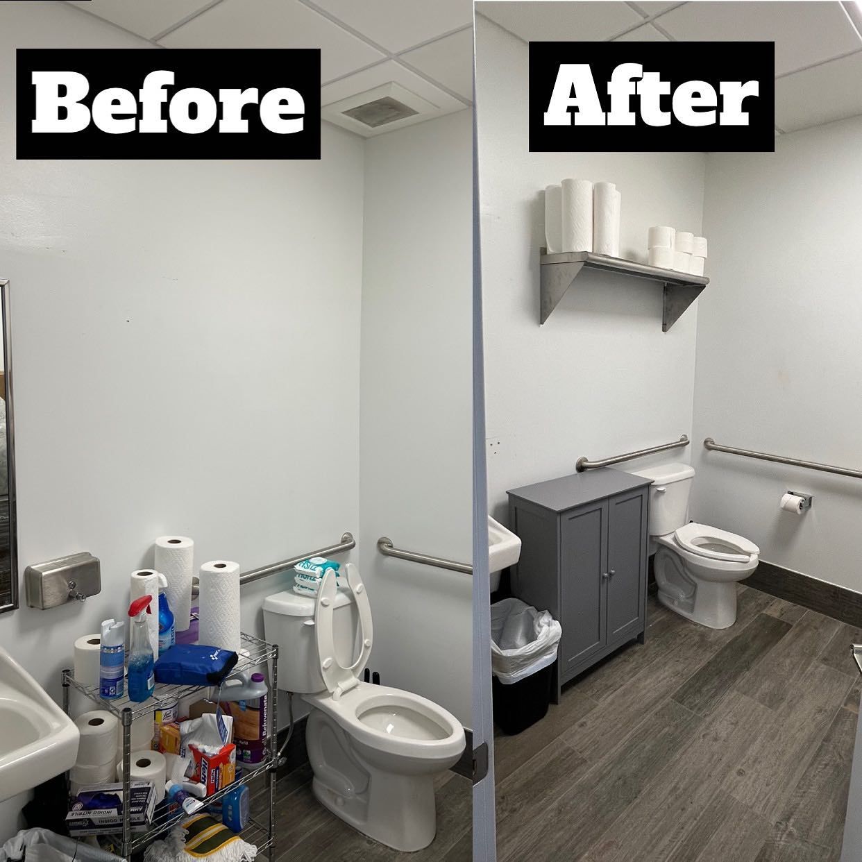 Before and after comparison of a bathroom remodel showing a cluttered wire rack replaced with a shelf and cabinet.
