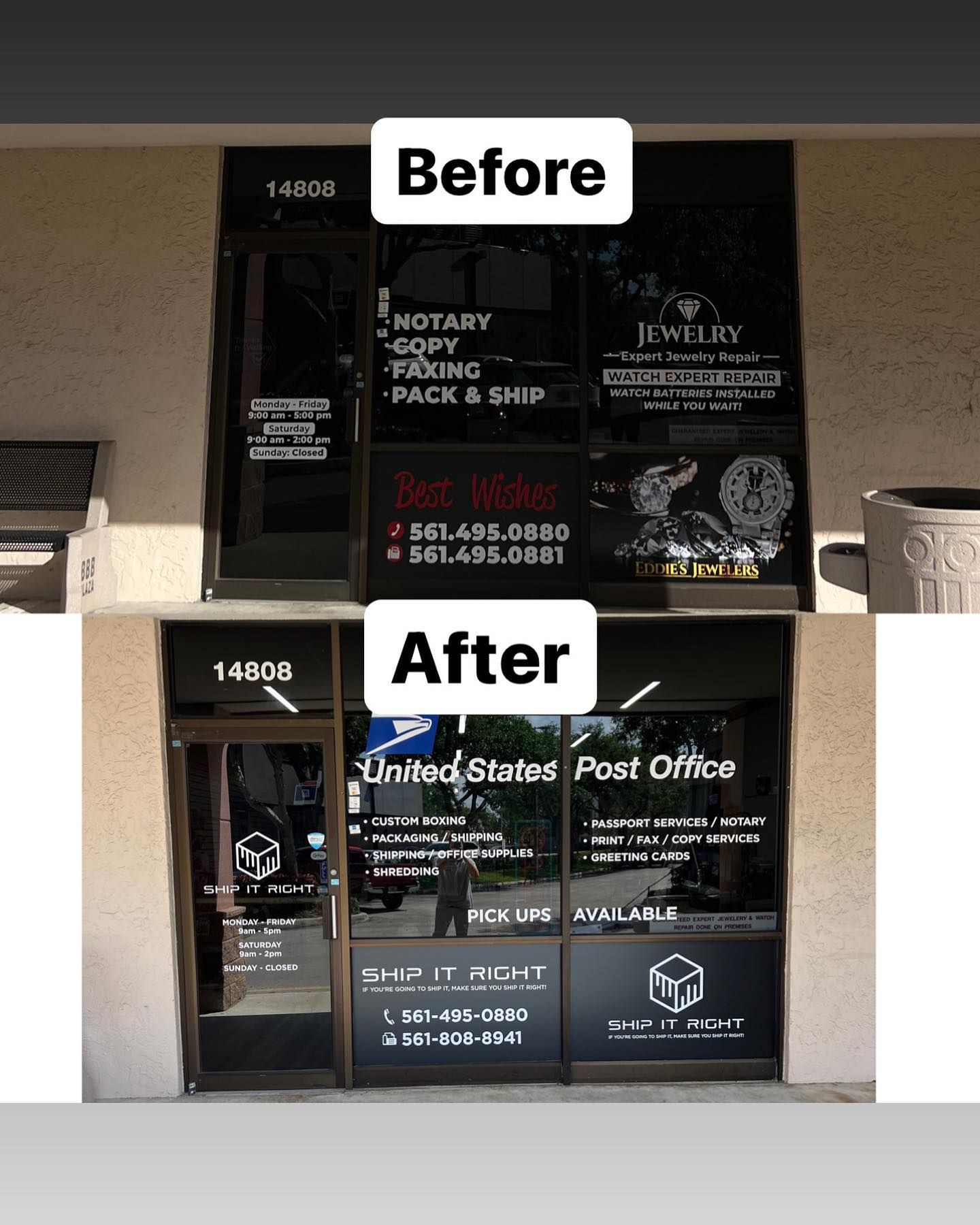 Before and after comparison of a storefront window with new vinyl signage replacing the old shop graphics.