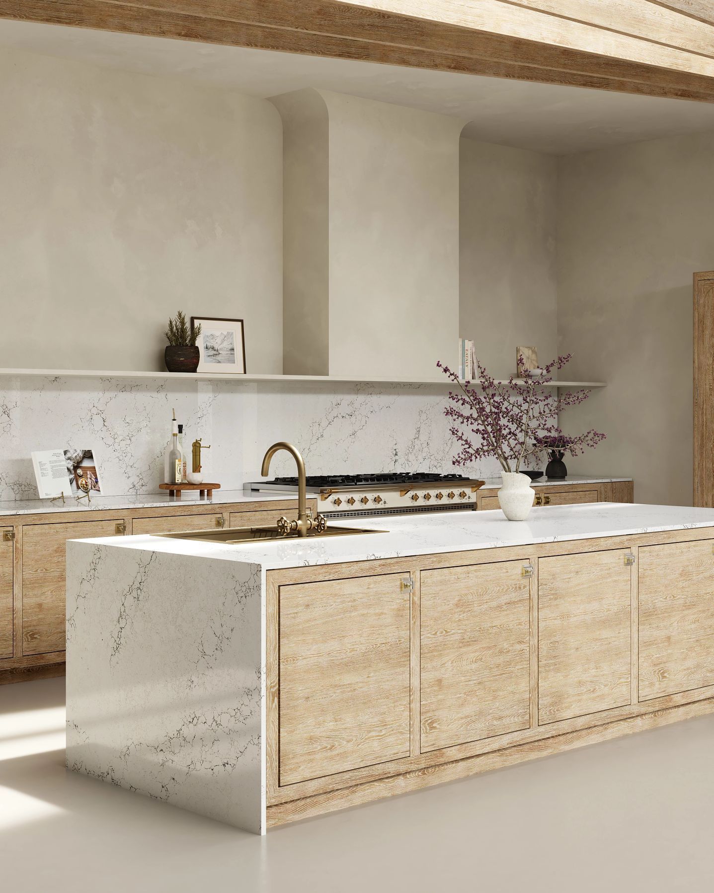 Modern kitchen with light wood cabinets, speckled countertops, and a central island.
