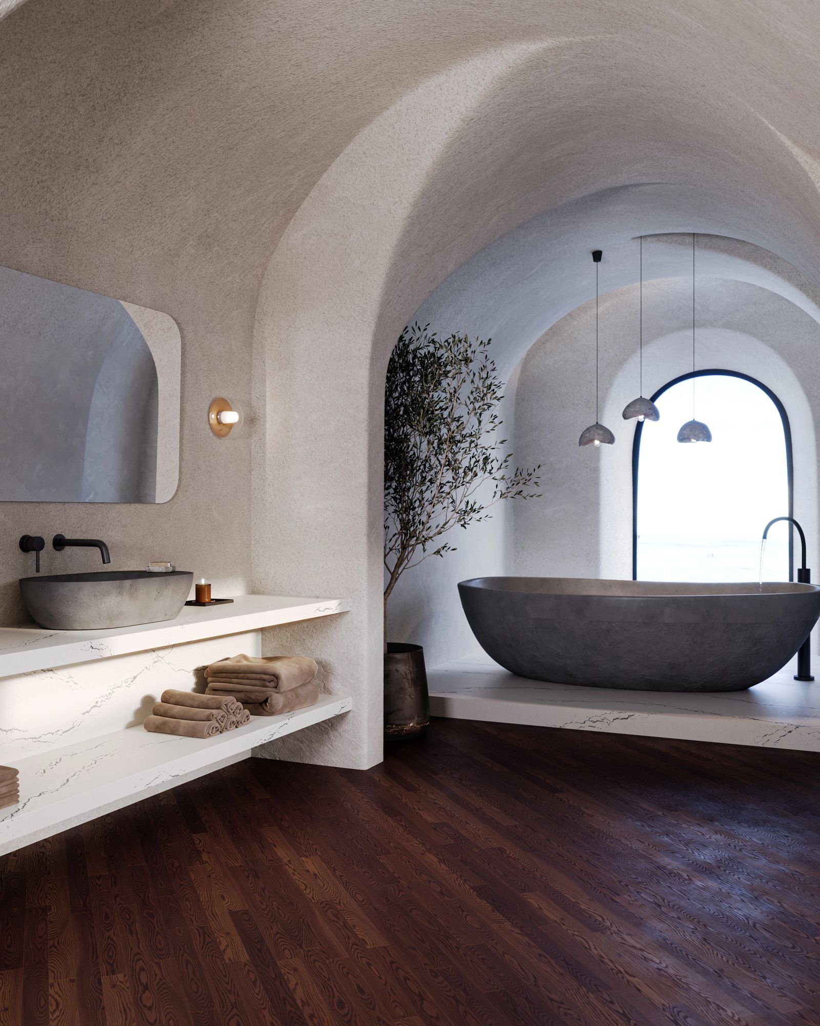 Bathroom with arched ceilings, dark wood floors, a large stone tub, and minimalist decor.