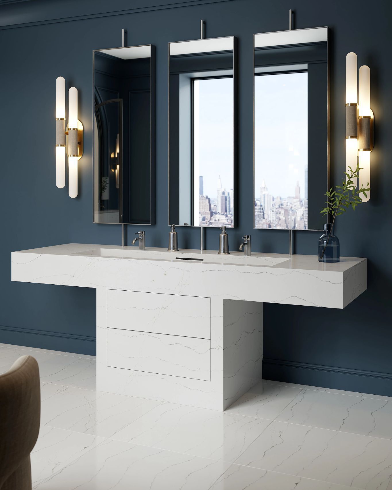 Modern bathroom with white floating vanity, three mirrors, and sconces against a blue wall.