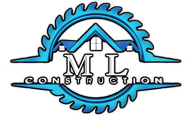 Blue gear-shaped construction logo with house roof and the words &ldquo;ML Construction&rdquo;
