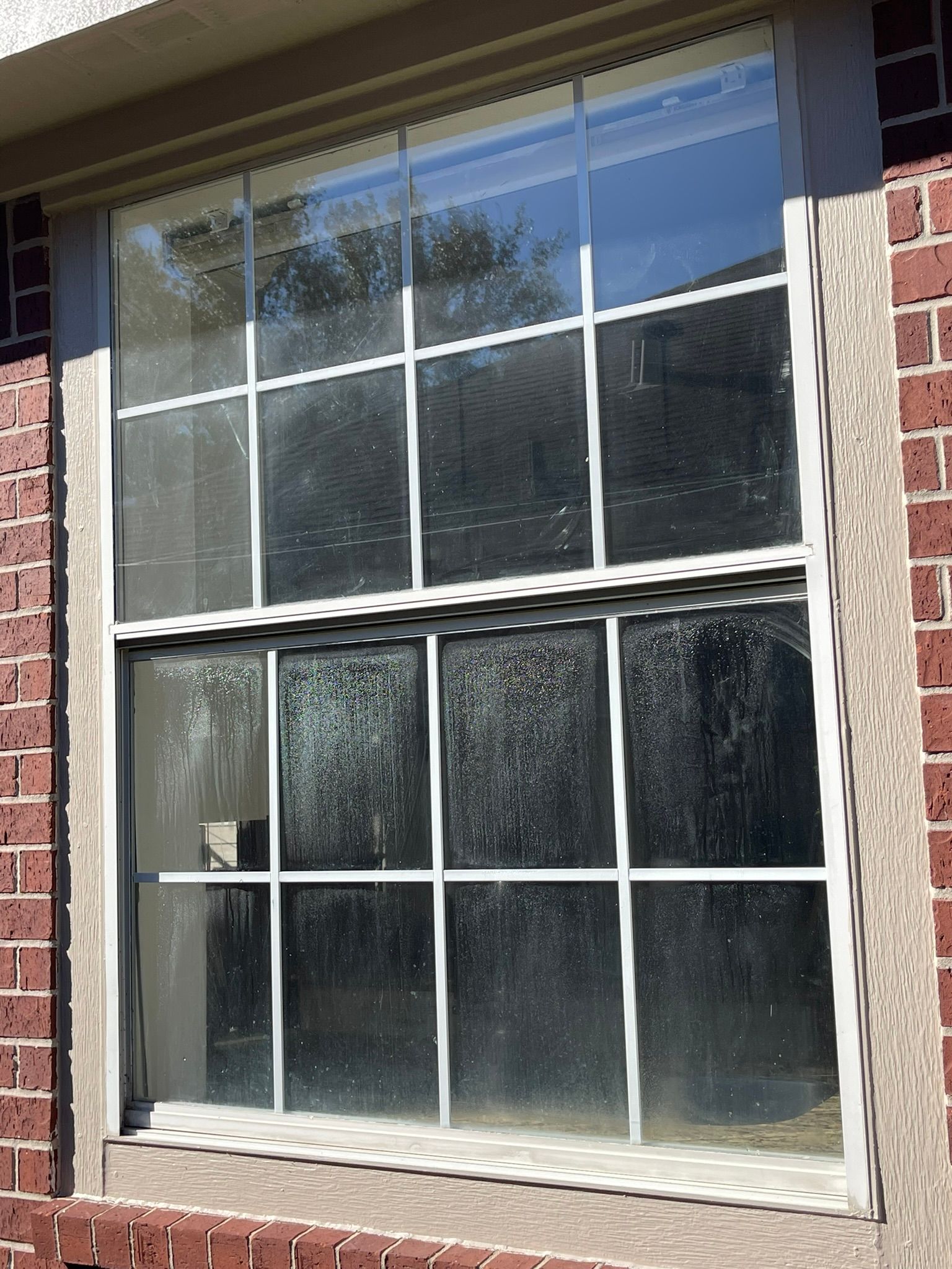 A white-framed window with a grid pattern, set into a red brick wall, showing condensation on the lower panes.