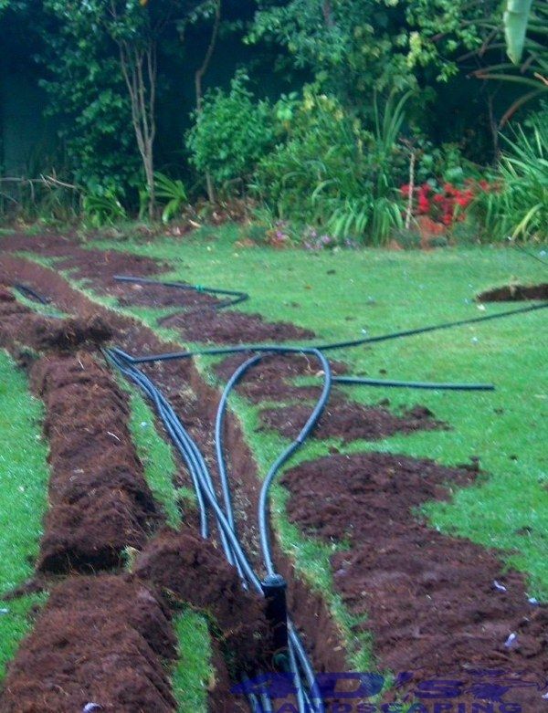 A bunch of wires are laying in the dirt in a garden