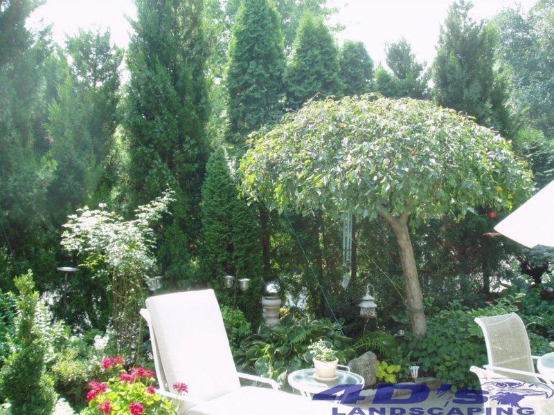 A garden with chairs and umbrellas and a sign that says landscaping