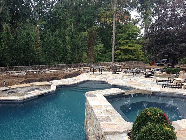 A large swimming pool with a hot tub in the middle of it surrounded by trees.