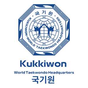 Kukkiwon logo: octagon with Taekwondo figures, globe, and Korean text. Blue and white colors. World Taekwondo Headquarters.