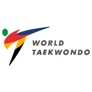 World Taekwondo logo: stylized figure in motion with red, black, yellow, blue, and green color scheme. WORLD TAEKWONDO text.