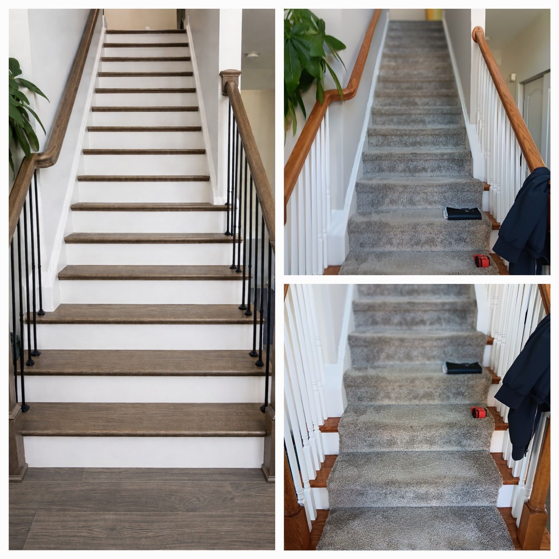 Three views of a staircase: painted white steps and a carpeted stairwell with wooden handrails.