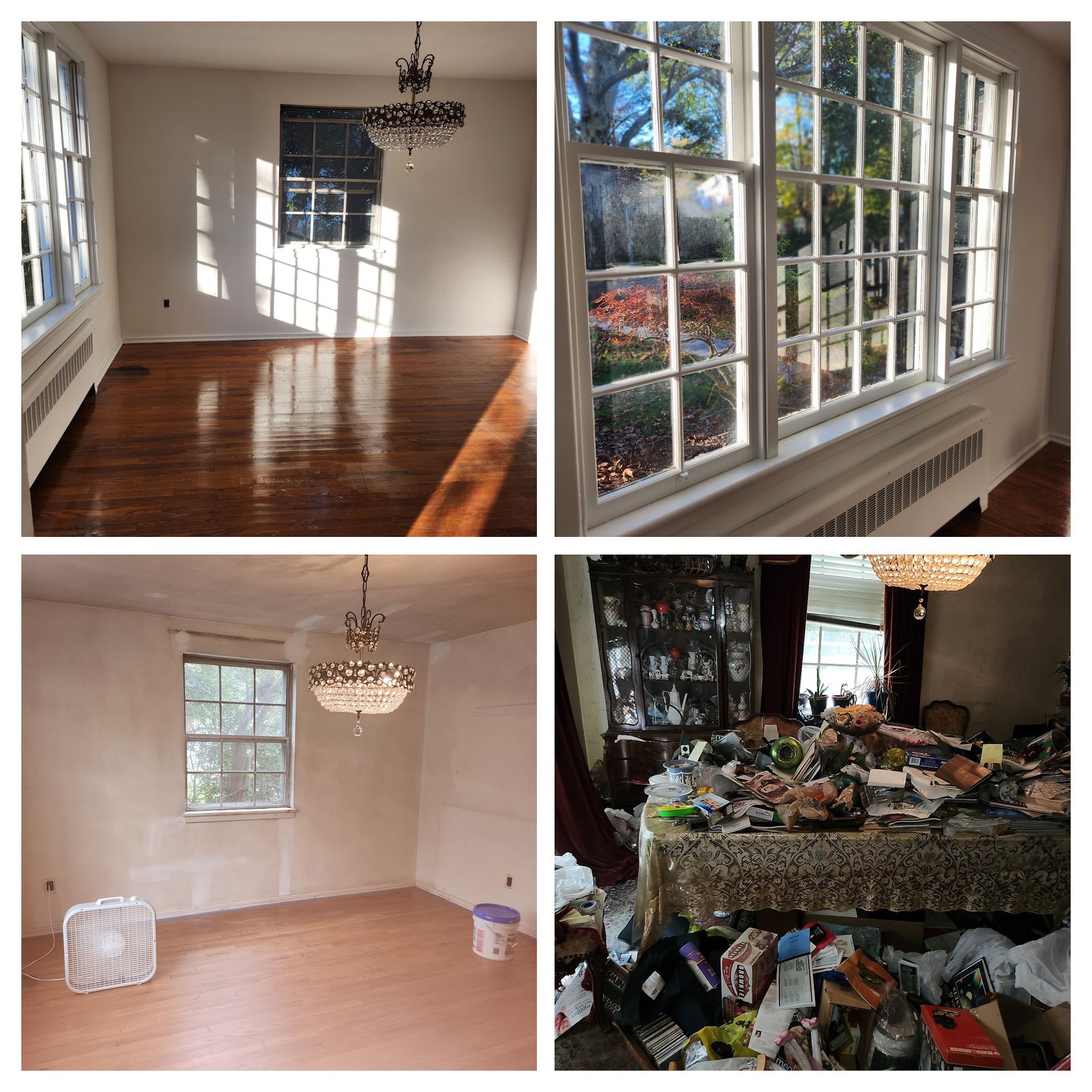 Four-panel collage of rooms with hardwood floors and large windows, showing before-and-after interior changes