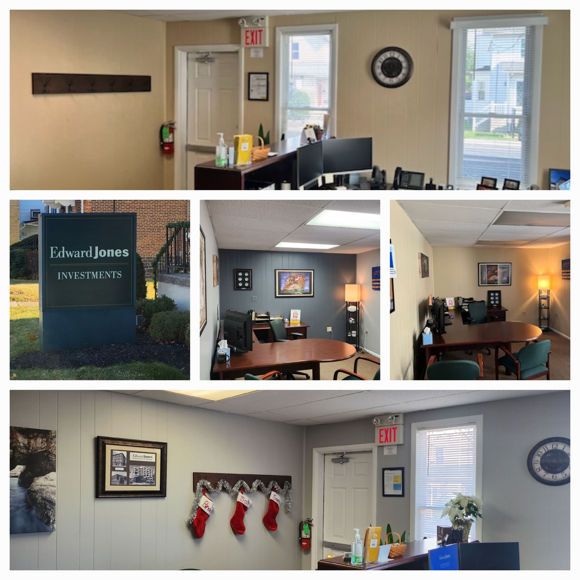 Collage of a law office lobby and exterior sign with beige walls, desk, artwork, and red stockings.