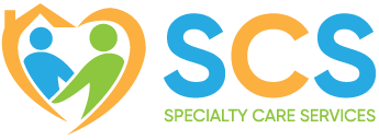 Logo of Specialty Care Services: heart-shaped house with figures and "SCS" text, orange, green, blue.