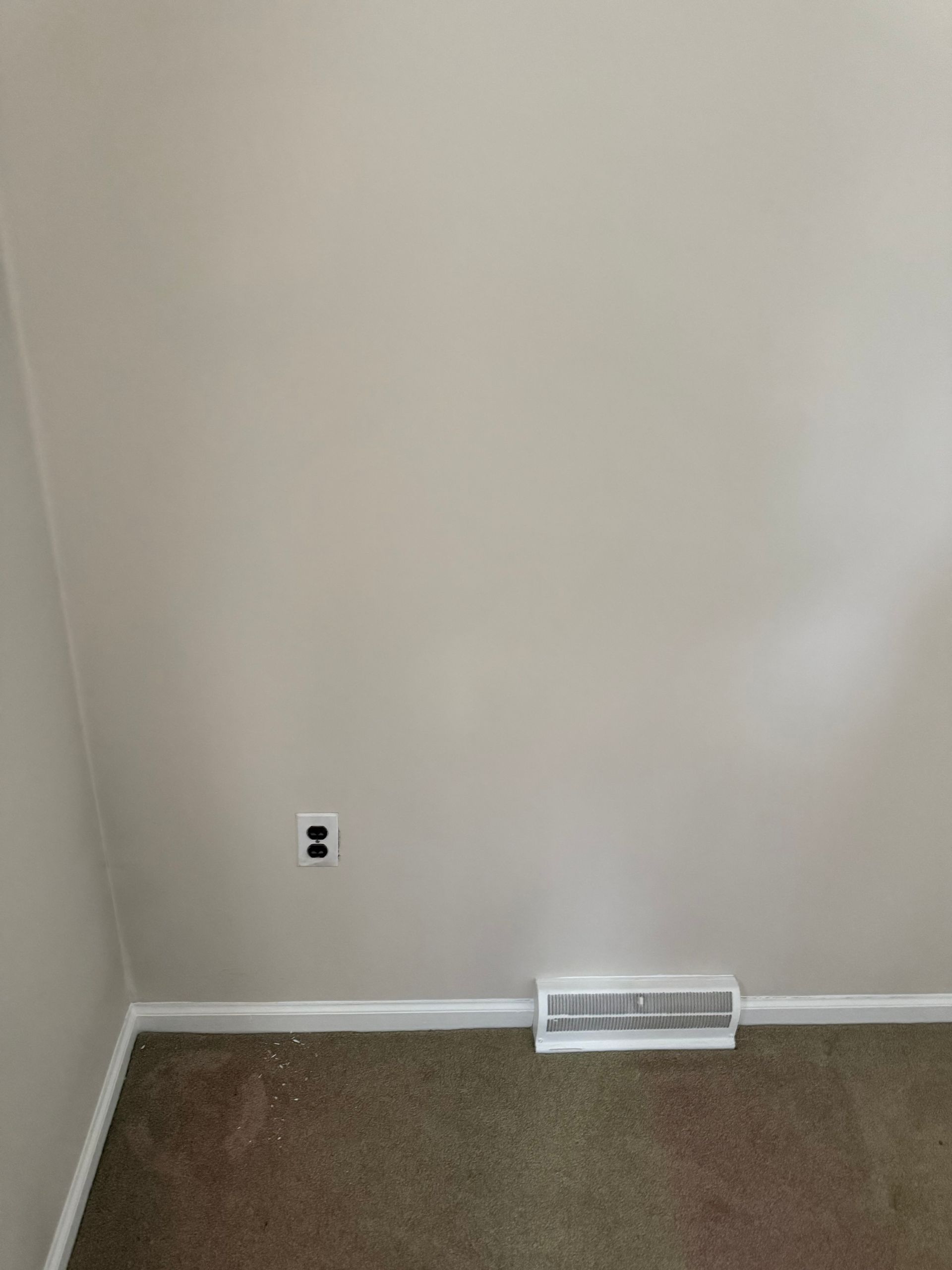 An empty room with a carpeted floor and a white wall.