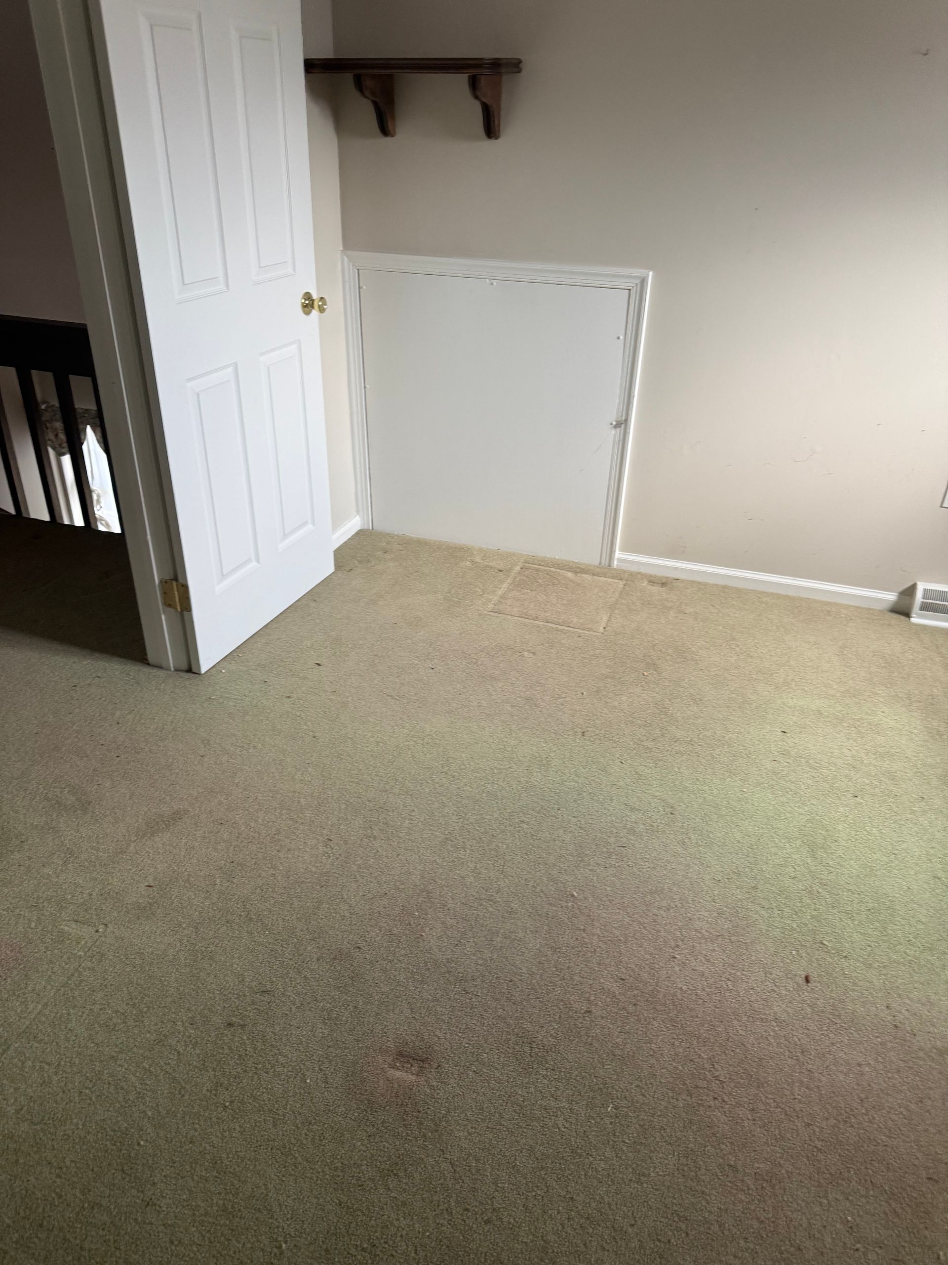 An empty room with a carpeted floor and a white door.
