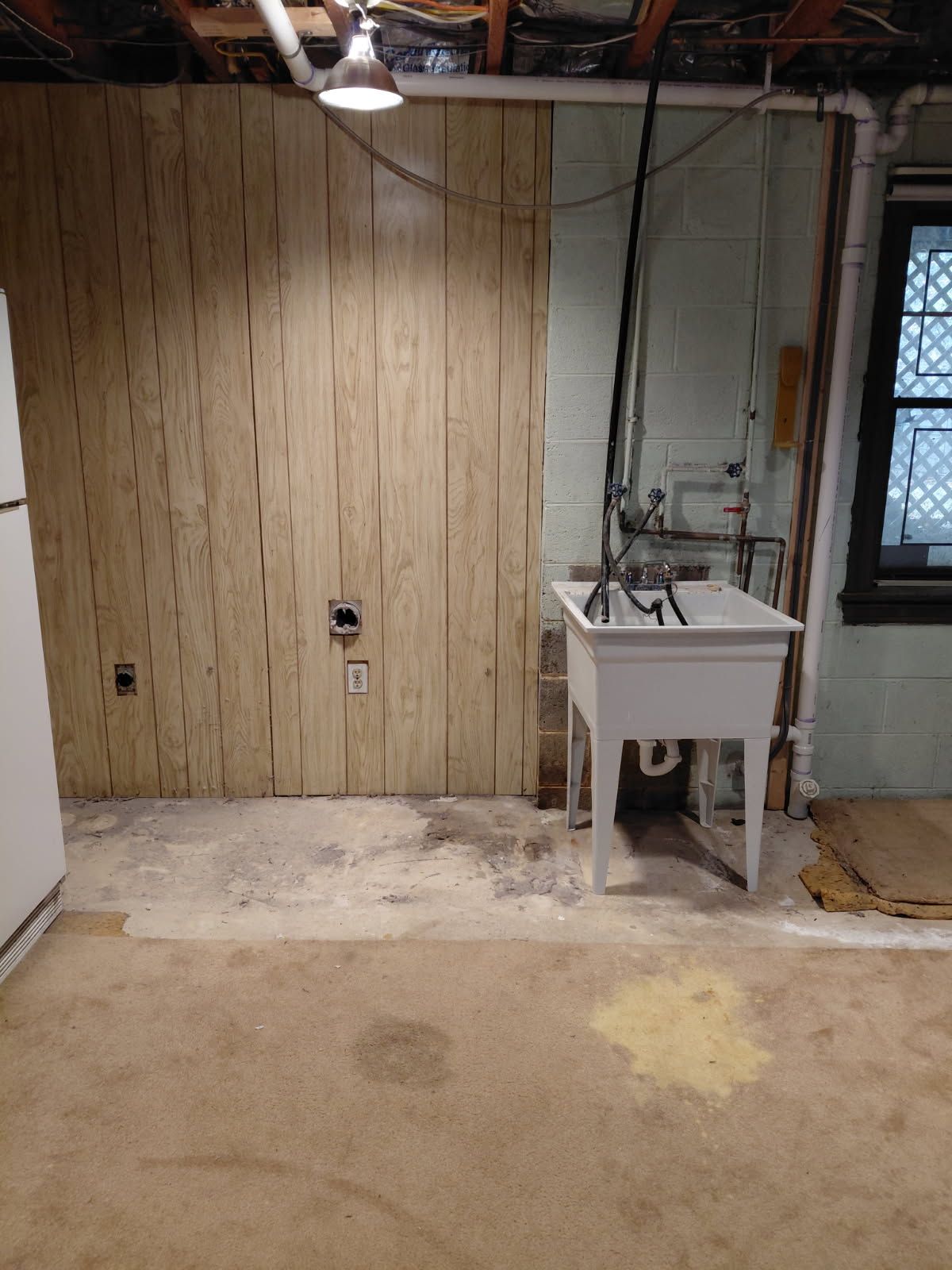 Basement room with a utility sink, unfinished wall, and exposed pipes.