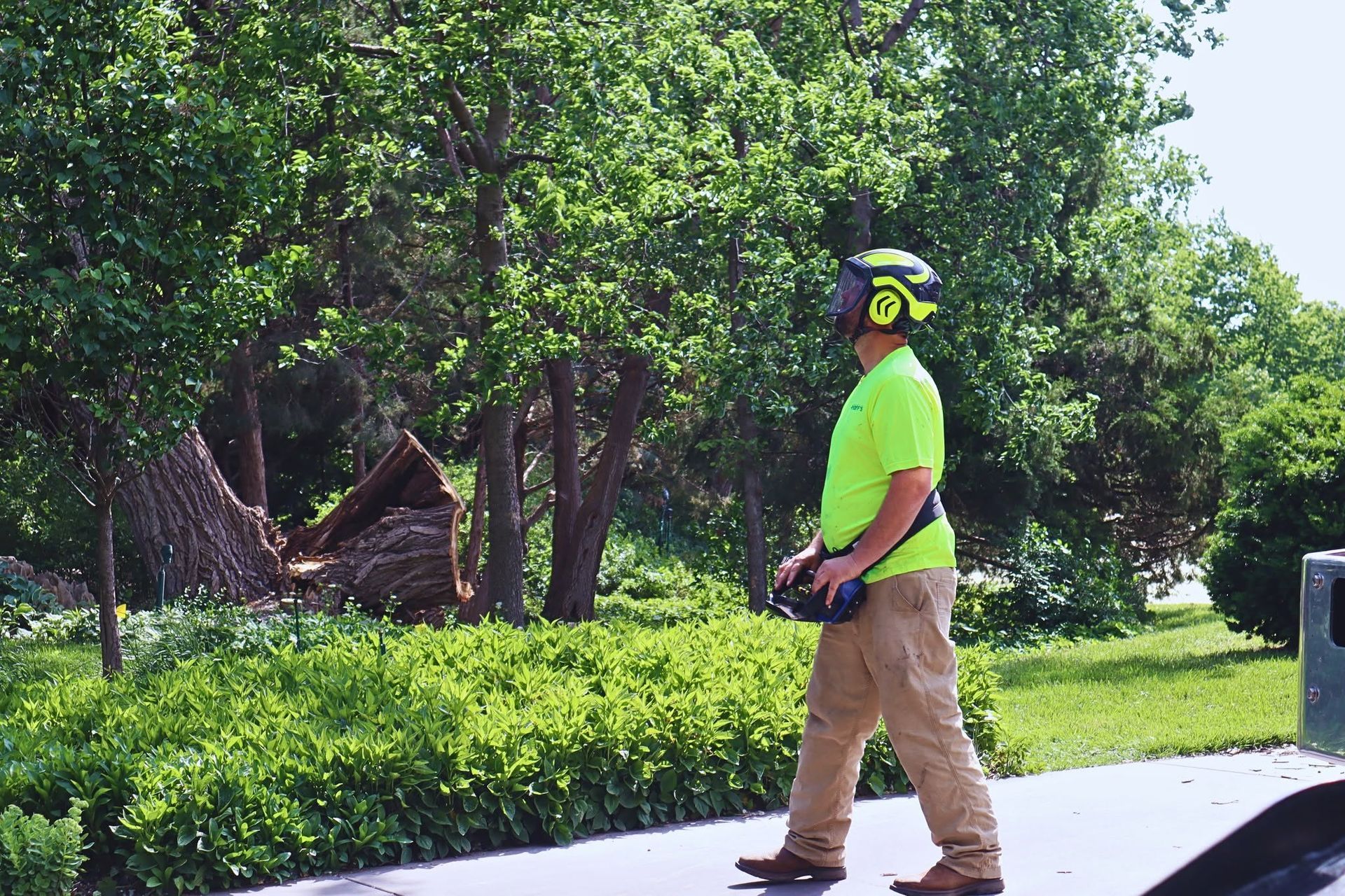 Worker in neon safety shirt and ear protection walking along a landscaped roadside path.