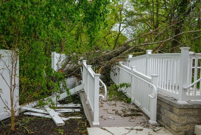 Collapsed tree blocks a white-railed walkway in a wooded yard