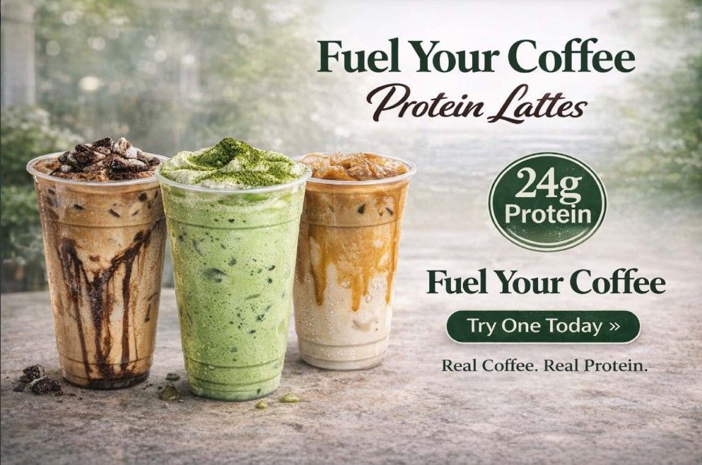 Three protein lattes in mocha, green, and vanilla with text “Fuel Your Coffee” and “24g Protein”