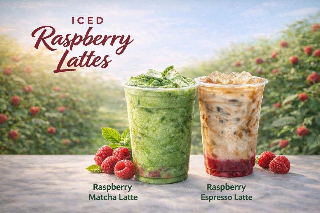 Iced raspberry matcha and espresso lattes with raspberries in a garden setting
