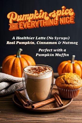 Pumpkin spice latte with cinnamon, nutmeg, pumpkins, and a pumpkin muffin on a rustic tray
