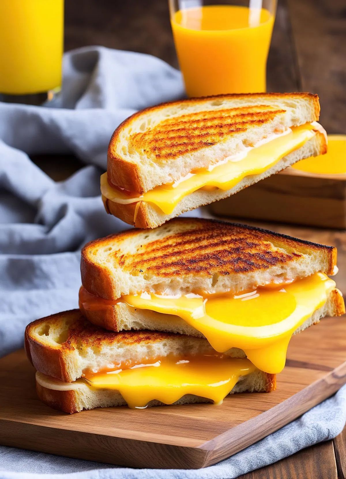 Two grilled cheese sandwiches are stacked on top of each other on a wooden cutting board.