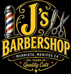 J’s Barbershop logo with barber pole, scissors, and “20+ years of quality cuts” in Murrieta, Menifee CA