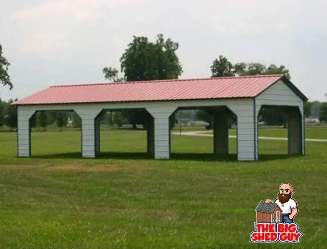 White carport with red roof, open sides, on green grass.