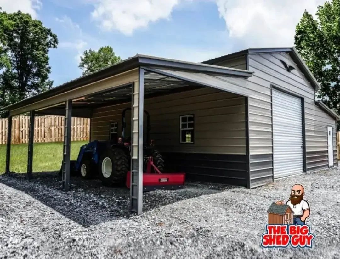 Metal shed with open carport; brown and silver; tractor parked under carport.