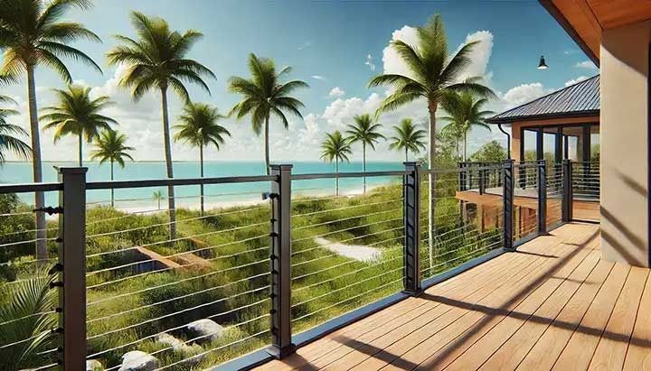 Sunny beachfront balcony with palm trees, glass railing, and ocean view