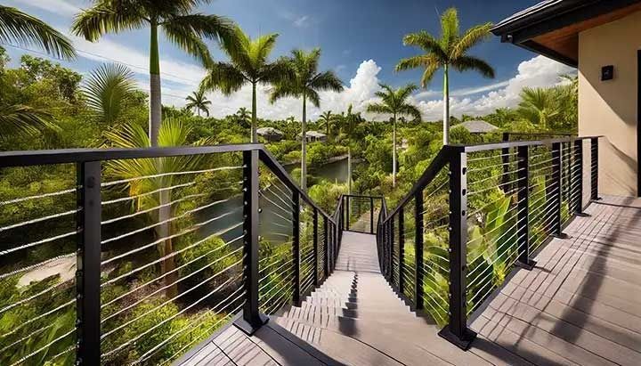 Covered tropical balcony with black cable railing and wooden deck overlooking palm trees and lush greenery